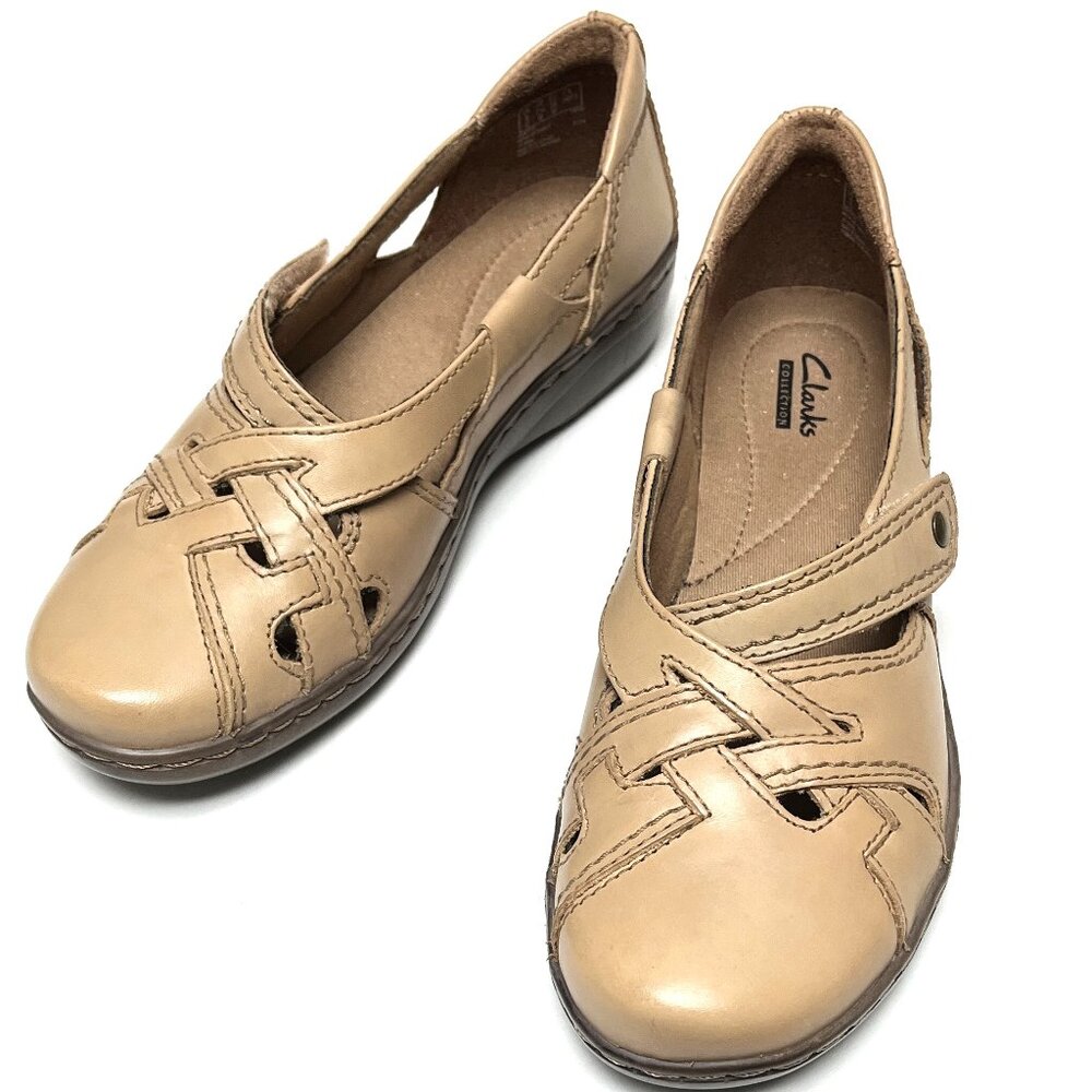 Clarks Shoes Women's 7.5 M Taupe Leather Adjustable Strap Comfort Loafers Flats